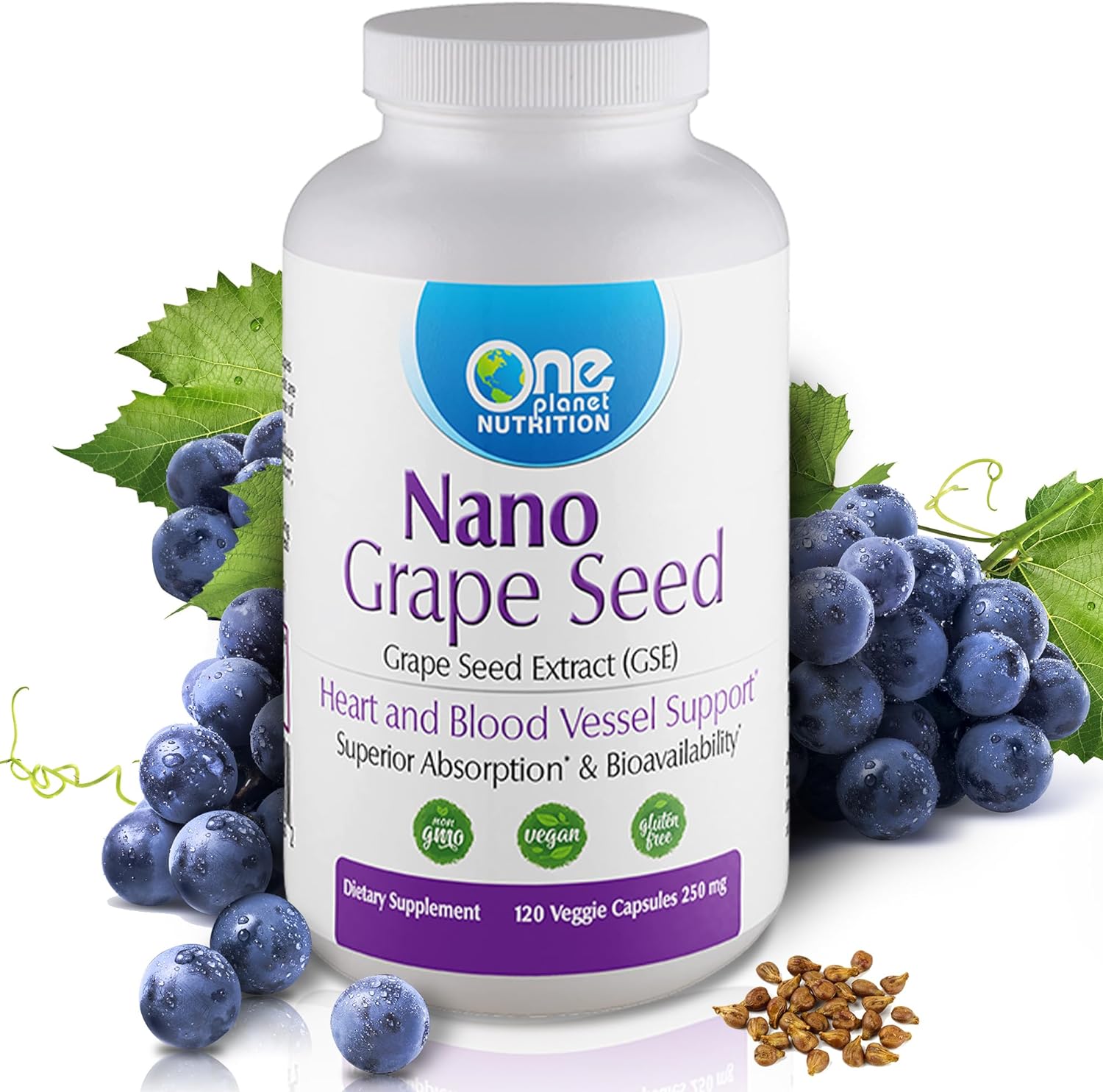 Nano Grape Seed Extract 250 mg Veggie Capsules (120 Servings), Nano for Enhanced Absorption, Supports Antioxidant Health for Vascular Health, Non-GMO, Vegan, Gluten Free