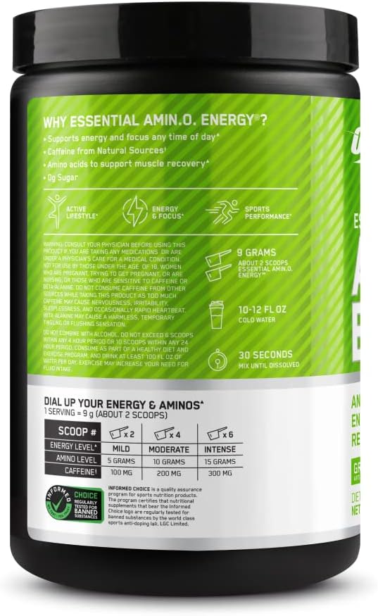 Optimum Nutrition Amino Energy - Pre Workout with Green Tea, BCAA, Amino Acids, Keto Friendly, Green Coffee Extract, Energy Powder - Concord Grape, 30 Servings