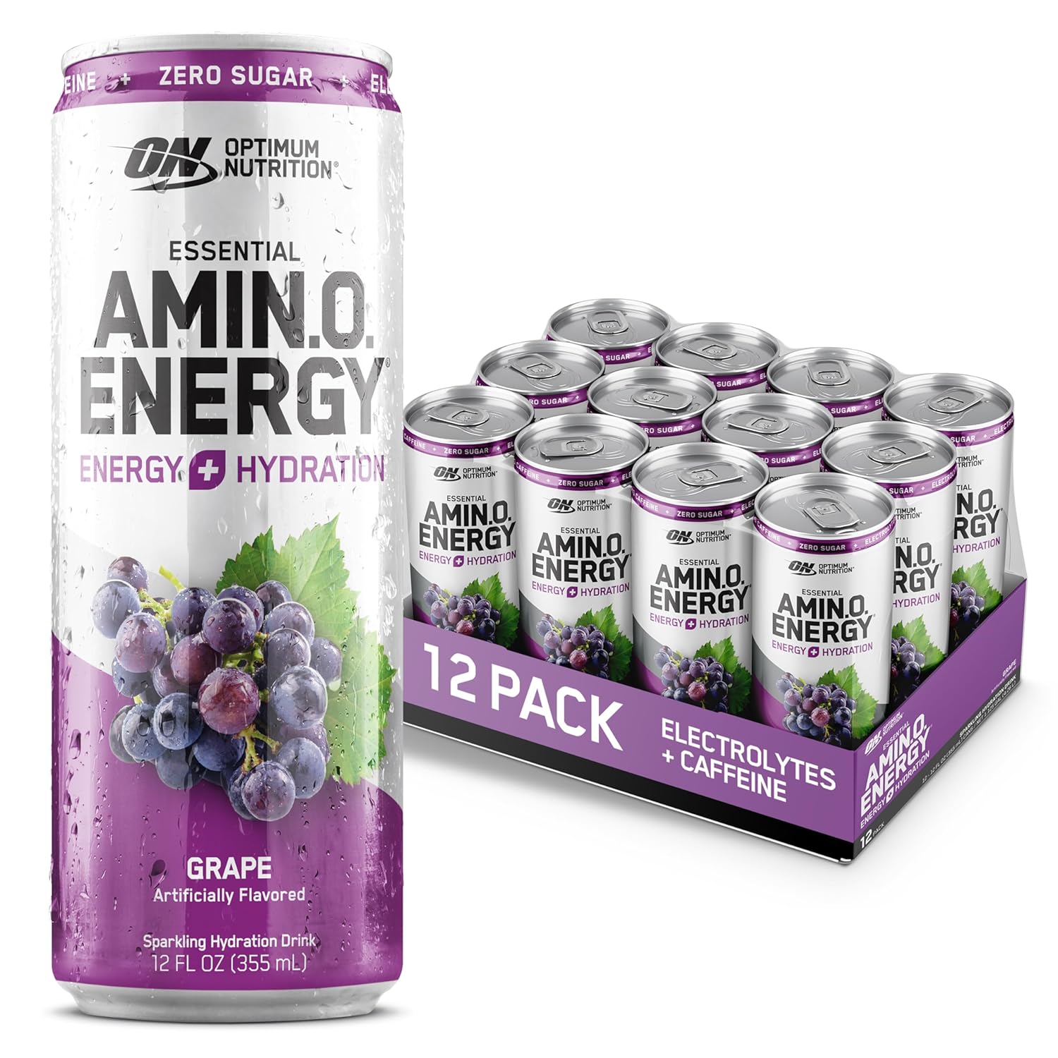 Optimum Nutrition Amino Energy Sparkling Hydration Drink, Electrolytes, Caffeine, Amino Acids, BCAAs, Sugar Free, Grape, 12 Fl Oz, 12 Pack (Packaging May Vary)