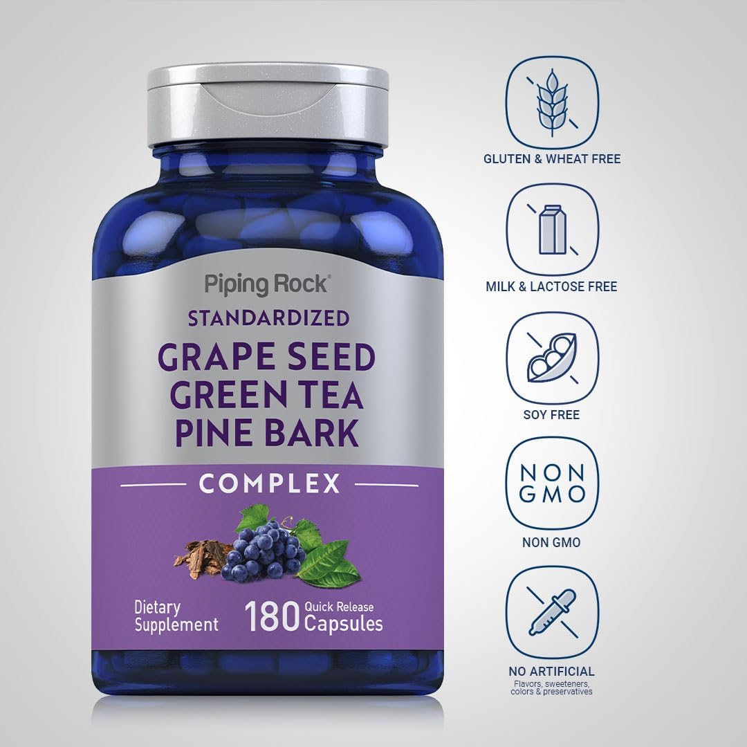 Piping Rock Grape Seed, Green Tea  Pine Bark Complex | 180 Capsules | Standardized Extract | Non GMO, Gluten Free Supplement