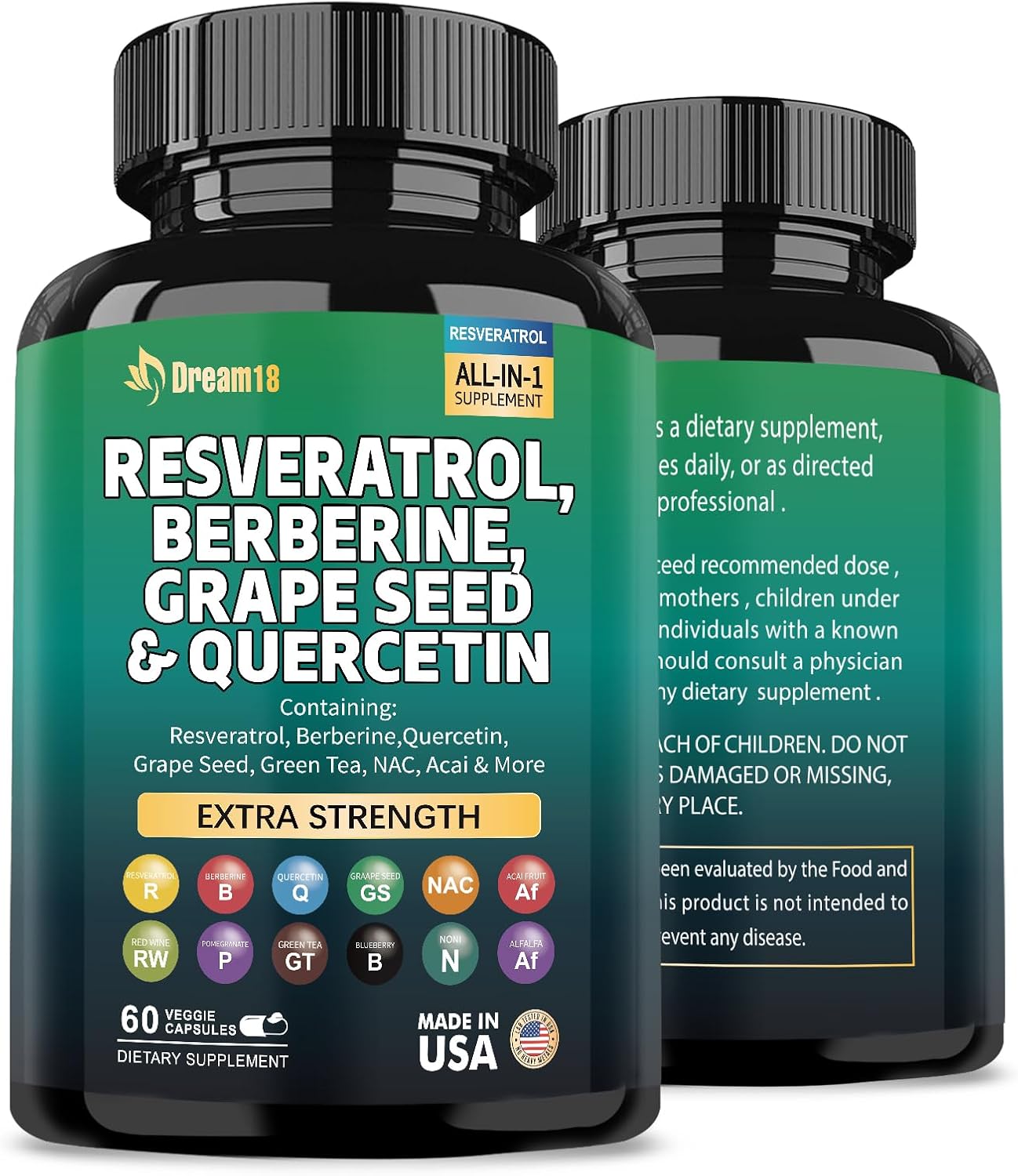 Resveratrol 6000mg Berberine 3000mg Grape Seed Extract 3000mg Quercetin 4000mg Green Tea Extract Polyphenol Supplement with N-Acetyl Cysteine Acai Extract for Women and Men,60 Capsules USA