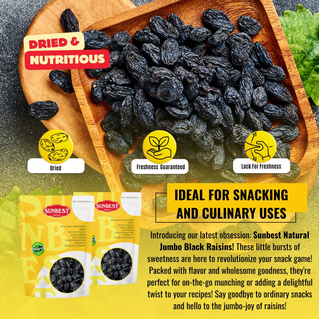 Sunbest Natural Jumbo Raisins Black 48 Oz (3 lbs) - Plump  Juicy, Rich in Healthful Nutrients  Dietary Fiber - Resealable Bag - Ideal for Snacking, Cooking  Baking - Long lasting Freshness