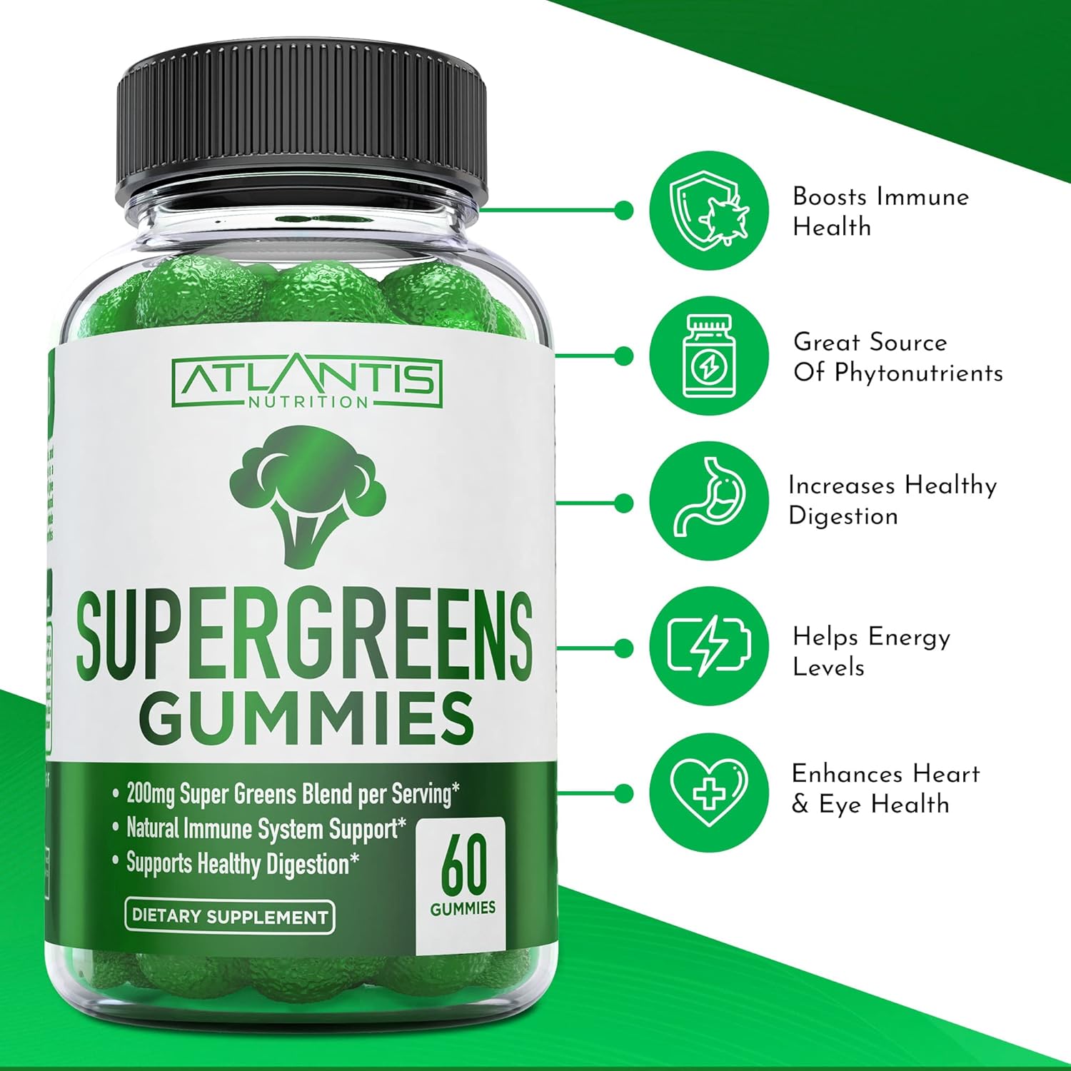 Supergreens Gummies - Daily Green Superfoods Supplement with Spinach, Broccoli, Moringa, Beet Root, Celery, Green Tea,  Acai for Immunity Support - Natural Raspberry Flavor, 60 Supergreen Gummies