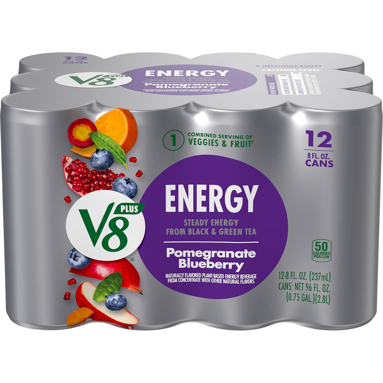 V8 +Energy Pomegranate Blueberry Juice Energy Drink, 8 fl oz Can (12 Pack)